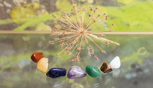 Sieben verschiedene Heilsteine nebeneinander arrangiert.